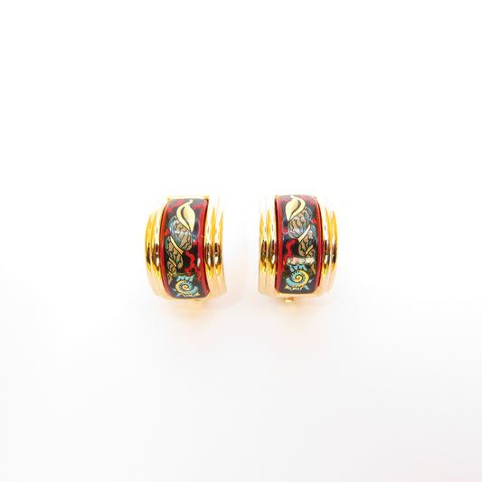 Hermes Vintage Shell Cloisonne Enamel Golden Clip-on Earrings