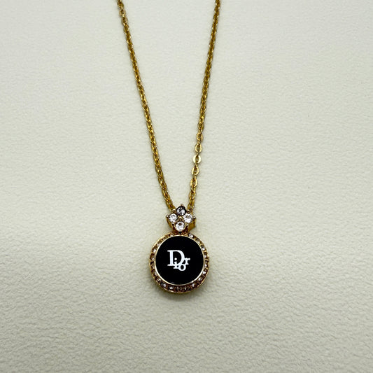 Christian Dior Vintage Dior Logo in Black Circle with Rhinestone Golden Necklace