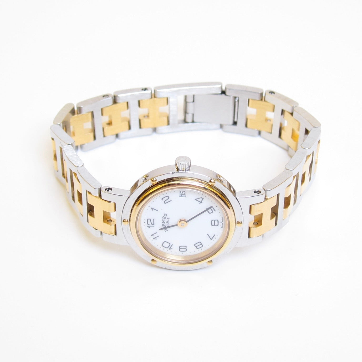 Hermes Vintage Clipper White Dial with Date and H Bracelet Two Tone Watch