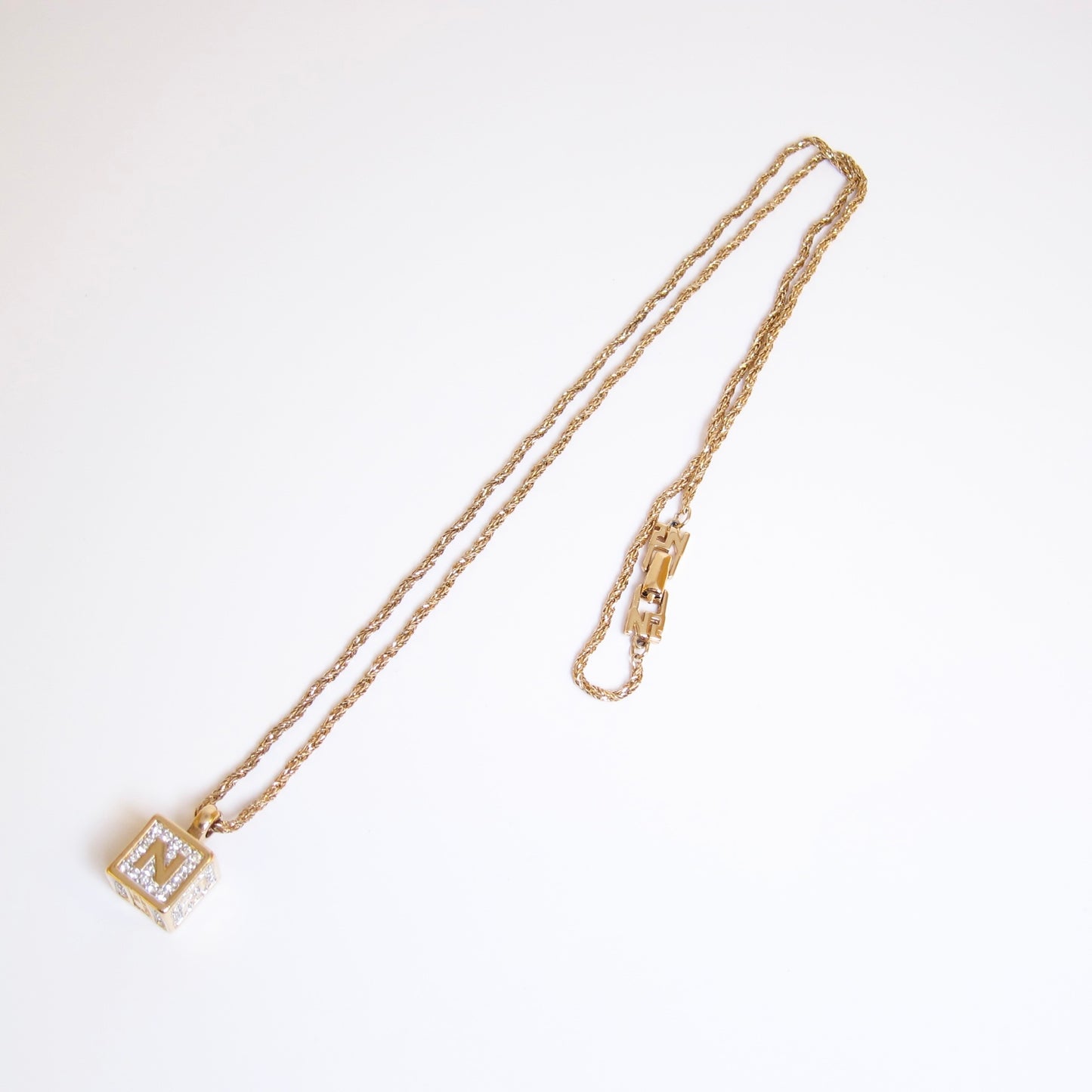 Nina Ricci Vintage NR Logo Cube with Rhinestone Golden Necklace