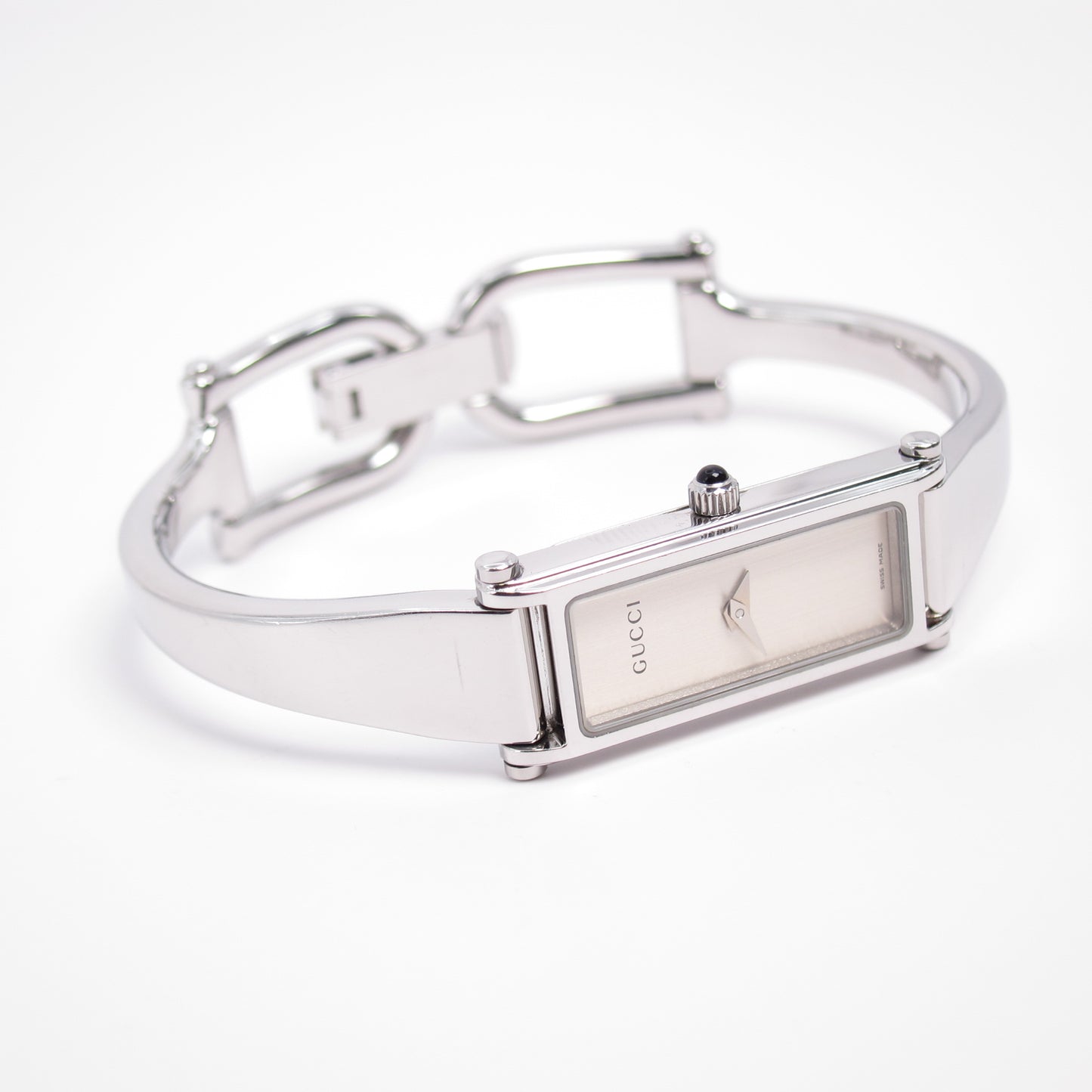 Gucci Vintage Rectangle White Face Silver Bangle Watch