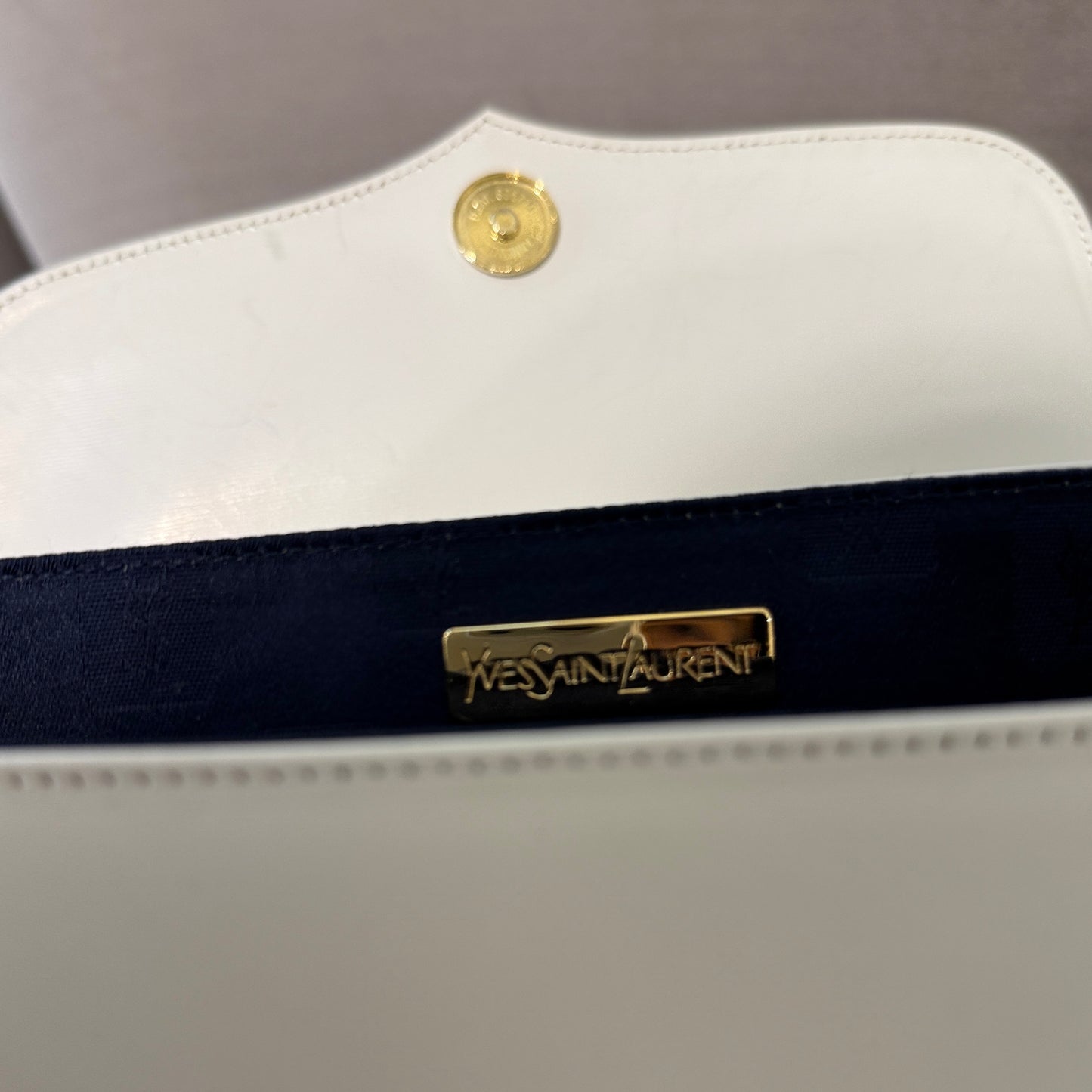 Yves Saint Laurent Vintage White Leather With Golden Logo Charm Top Handle Handbag