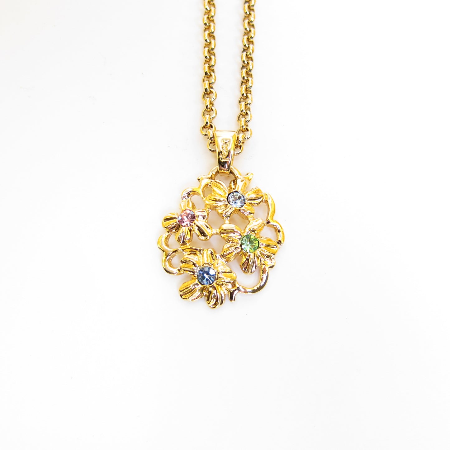 Yves Saint Laurent Vintage Flower Motif and Multi Color Stone Golden Necklace