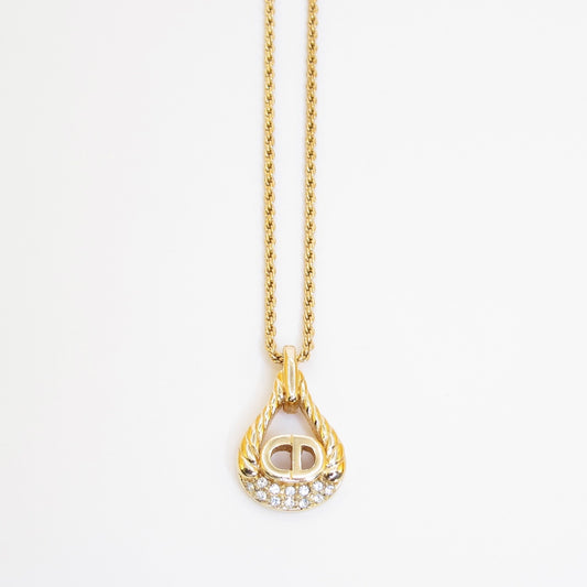 Christian Dior Vintage CD Logo in Teardrop Rope Twisted and Rhinestone Golden Necklace