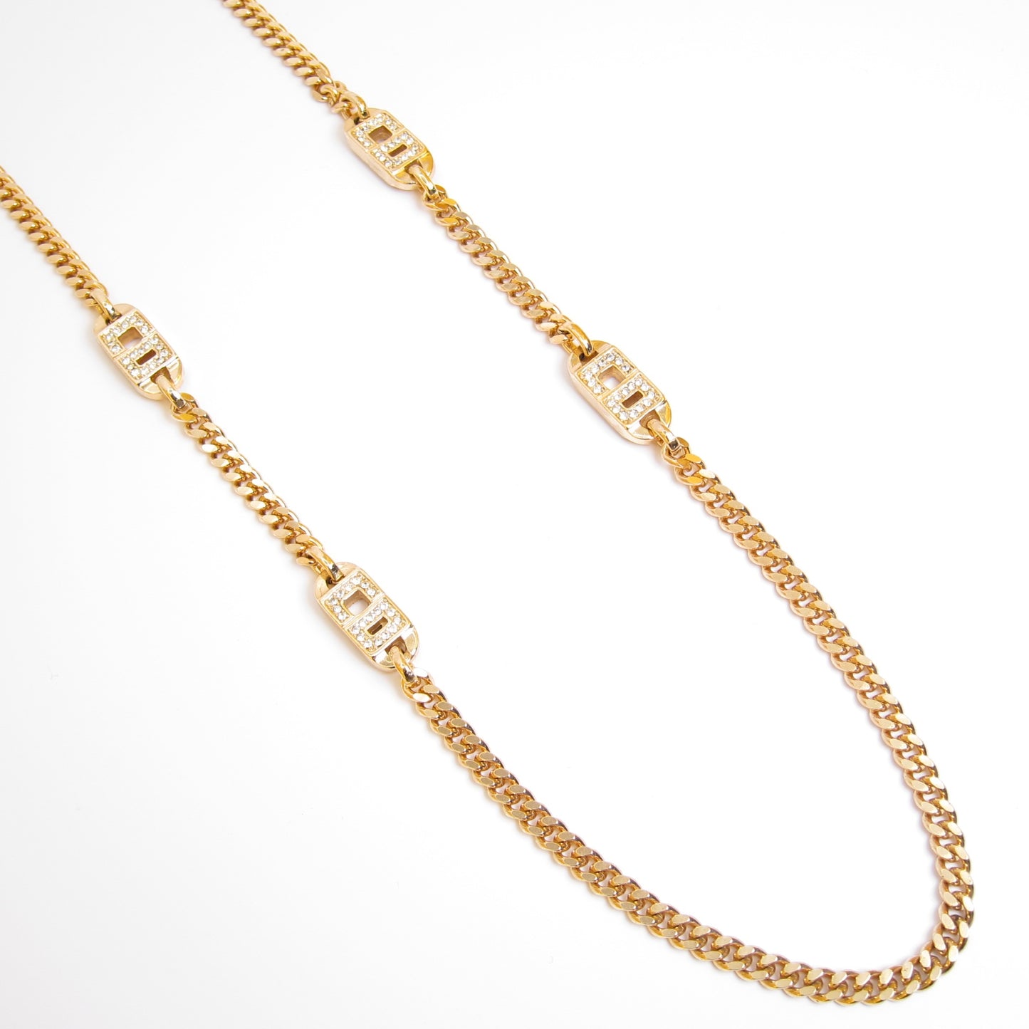 Christian Dior Vintage CD Logo with Rhinestone Golden Long Necklace