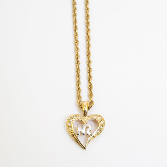 Nina Ricci Vintage NR Logo in Heart with Rhinestone Golden Necklace