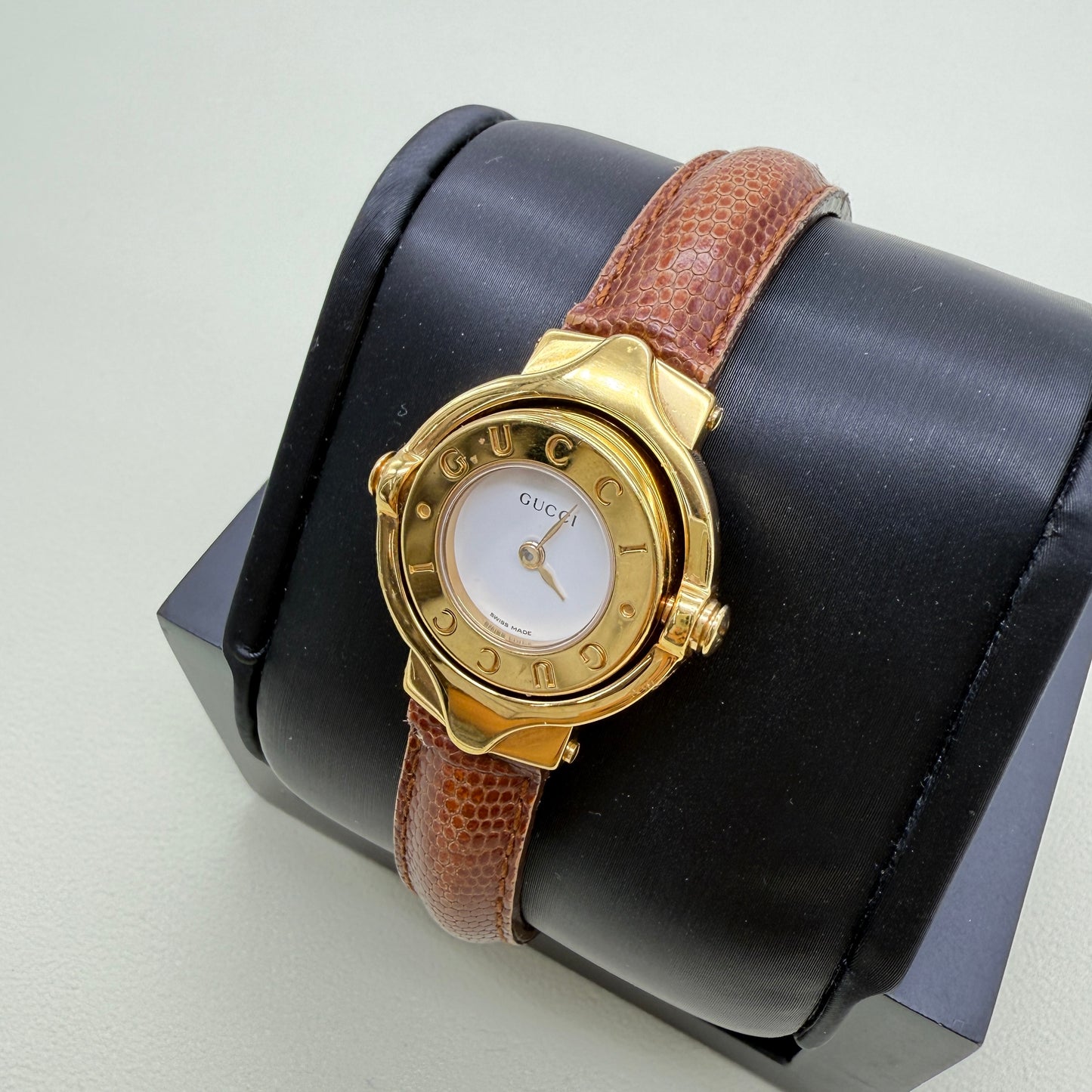 Gucci Vintage Double Face Brown Leather Bangle Watch
