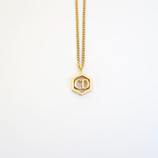 Christian Dior Vintage CD Logo in Hexagon Golden Necklace