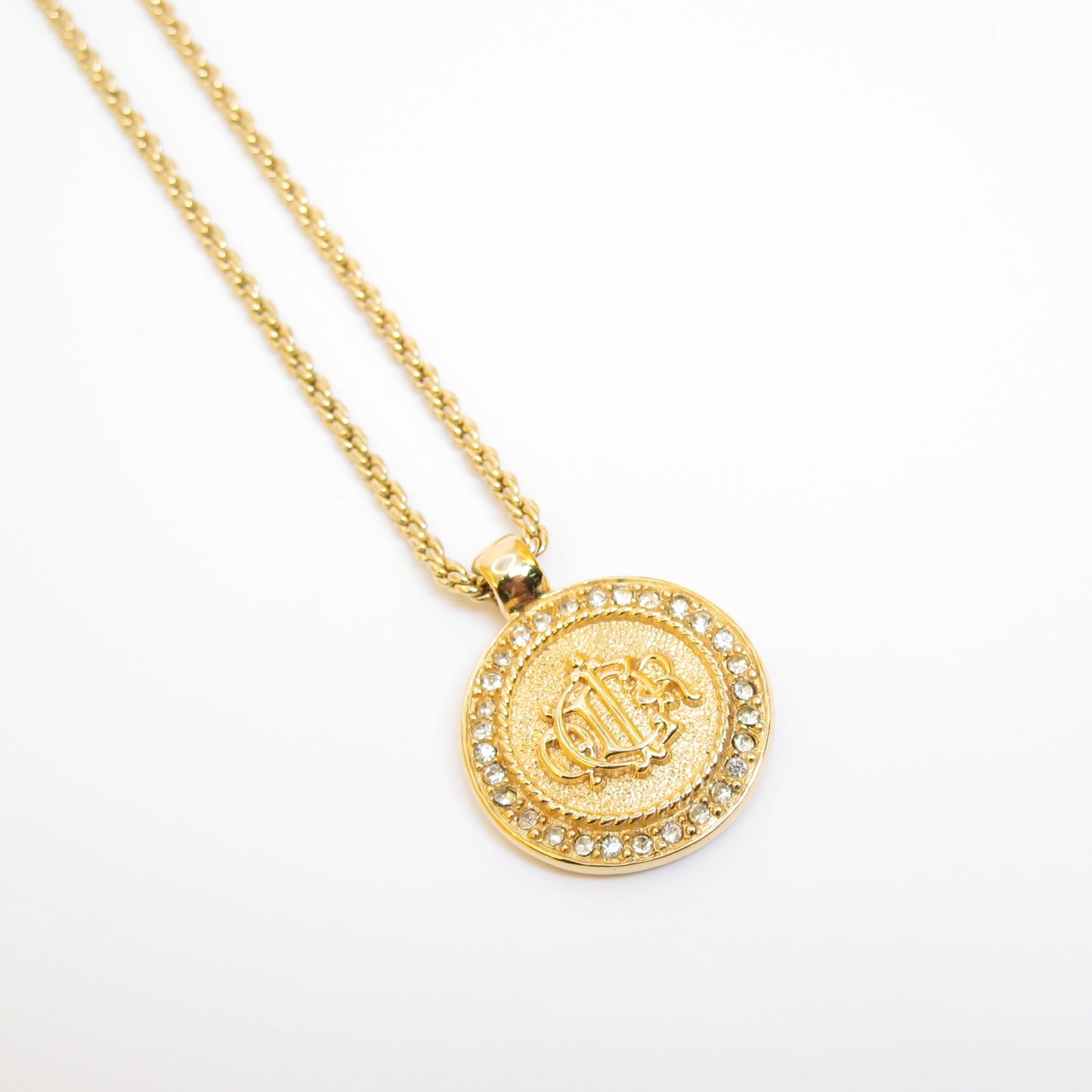 Christian Dior Vintage Dior Logo on Round Shape with Rhinestone Golden Necklace