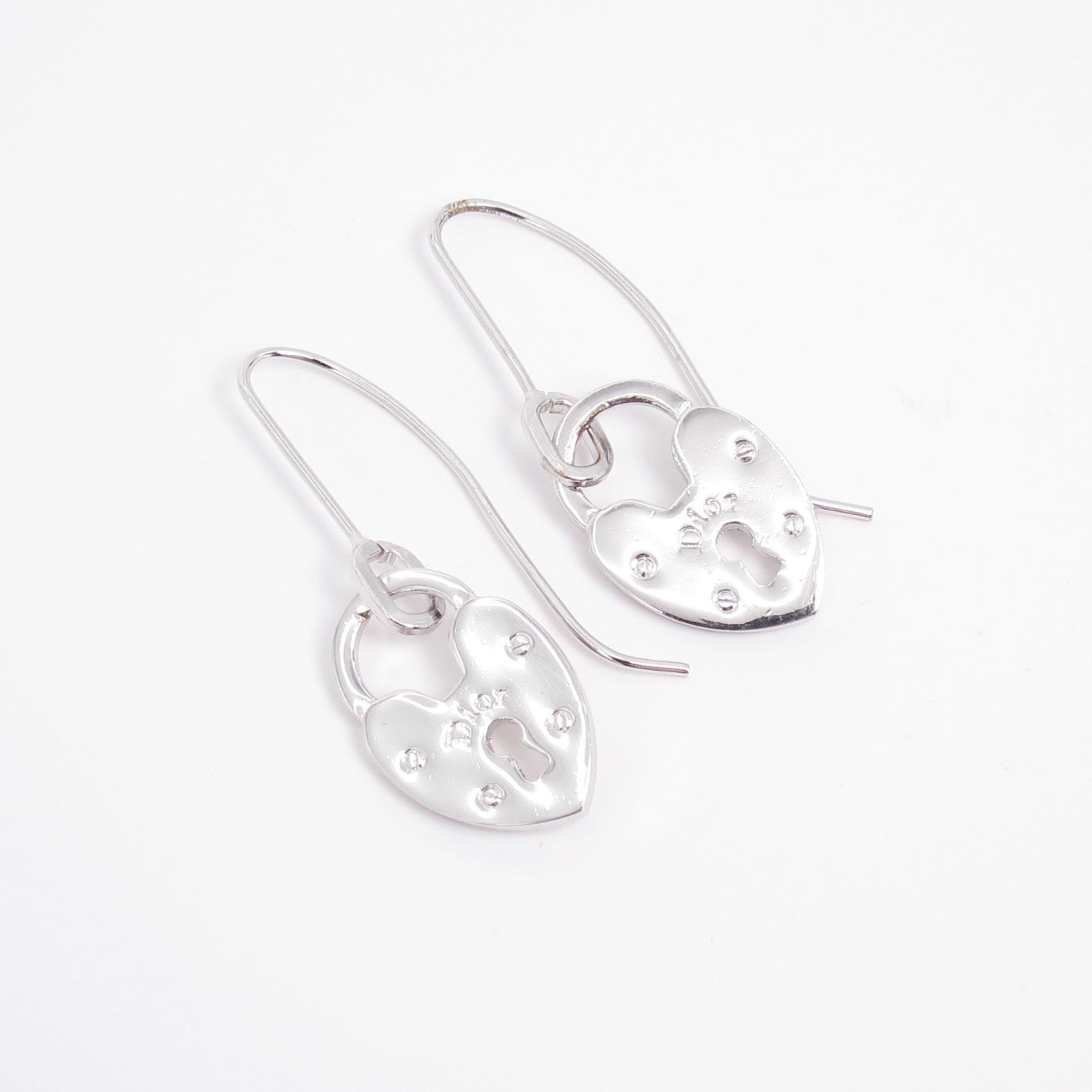Christian Dior Vintage Dior Logo on Heart Lock Dangle Silver Earrings