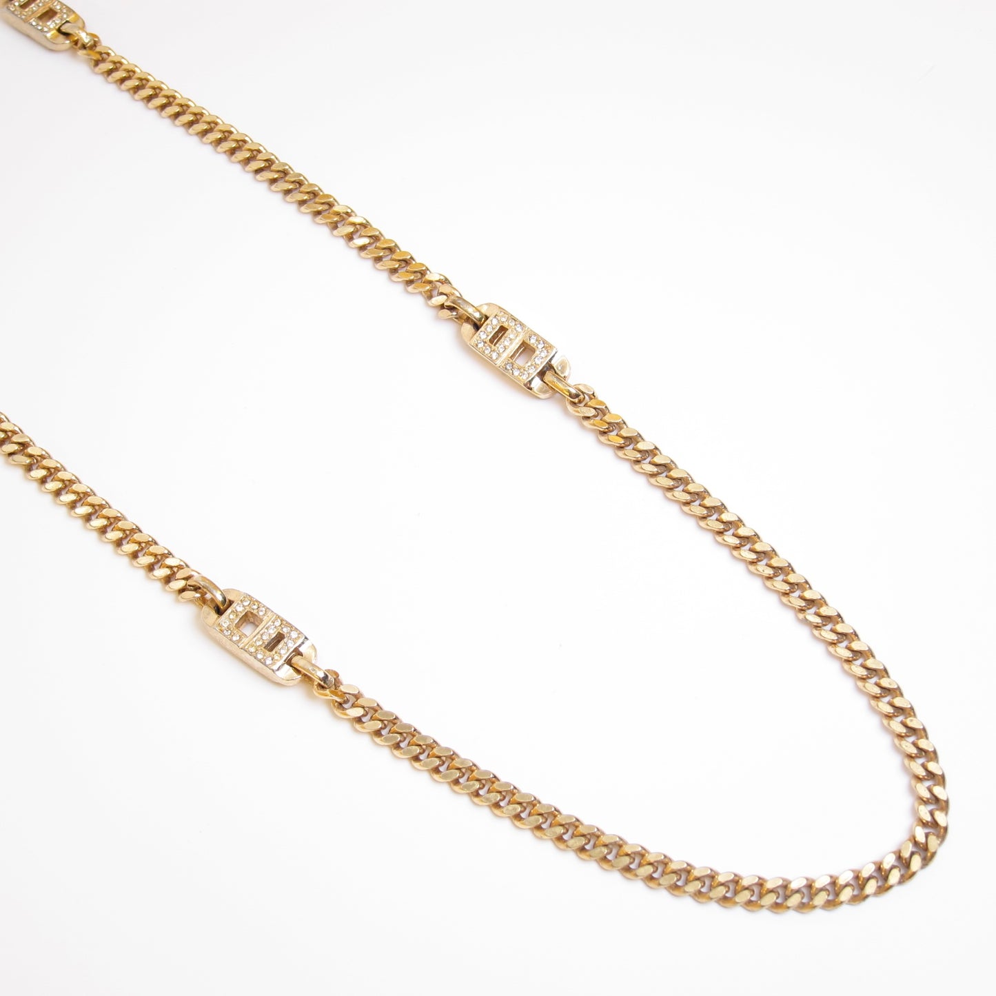 Christian Dior Vintage CD Logo with Rhinestone Golden Long Necklace