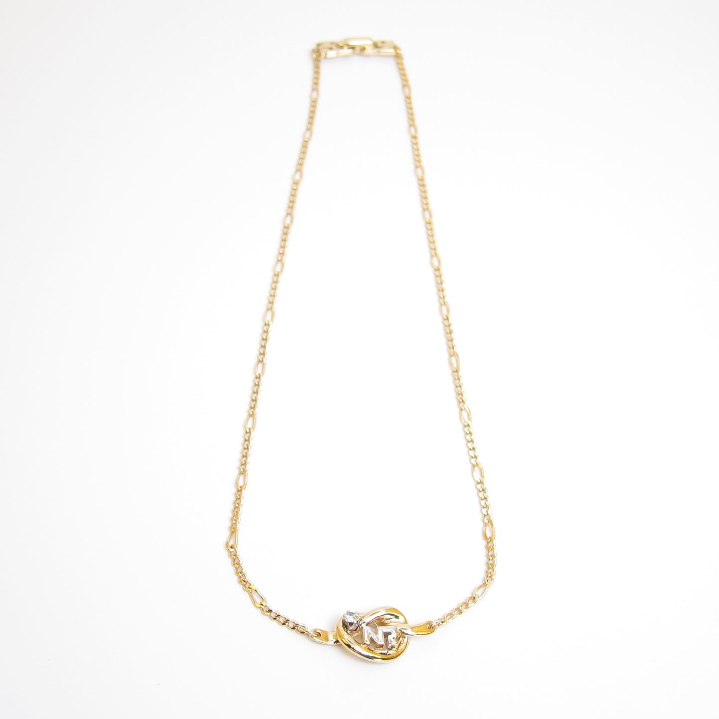 Nina Ricci Vintage NR Logo and Single Rhinestone Golden Necklace