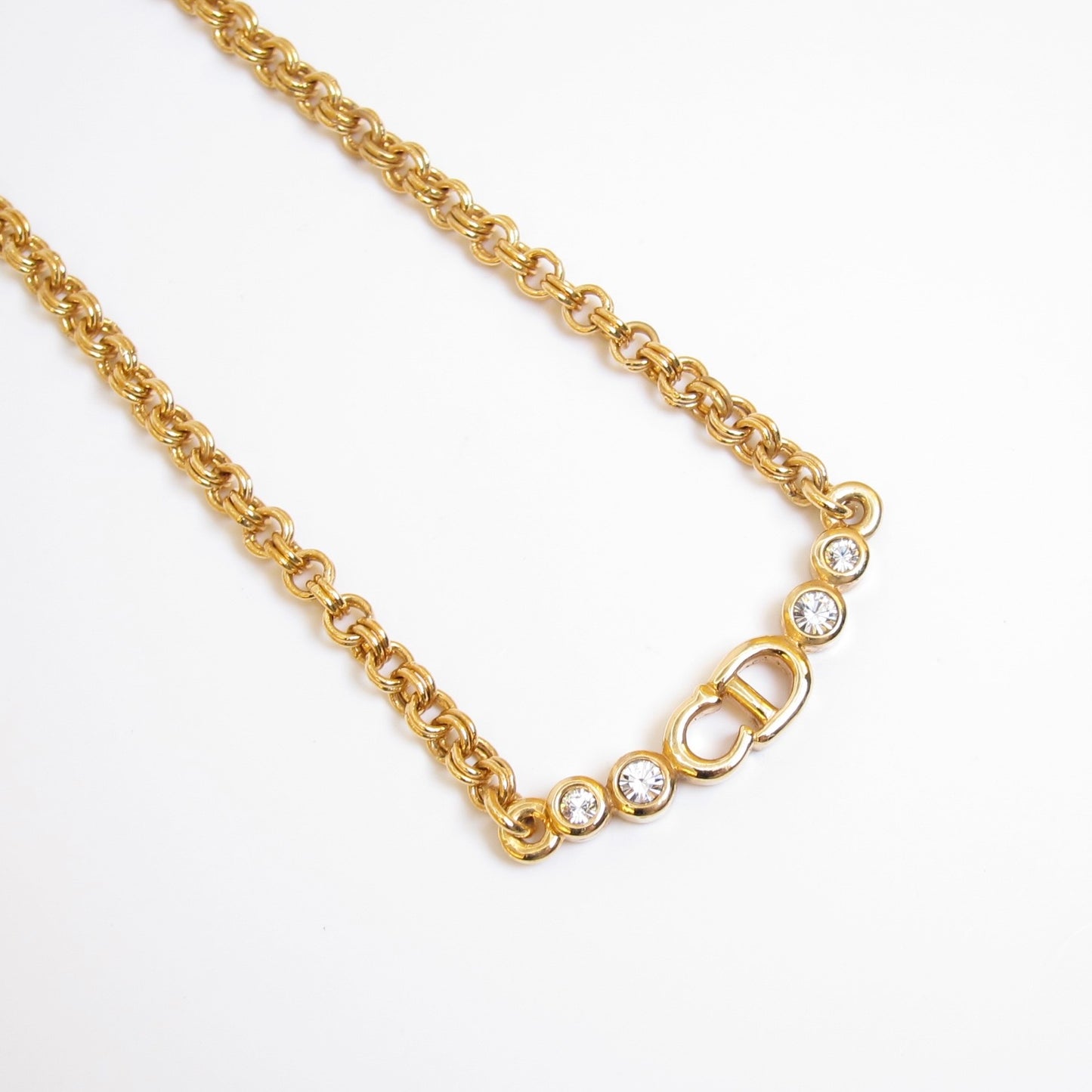 Christian Dior Vintage CD Logo and Rhinestone Golden Necklace