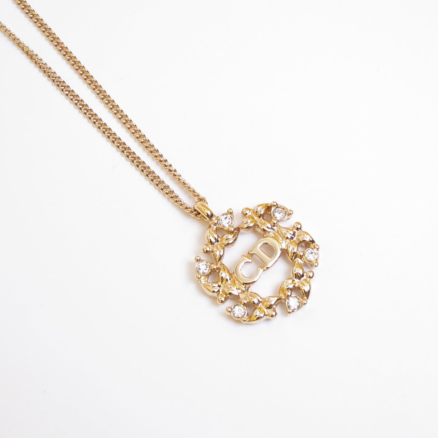 Christian Dior Vintage CD Logo in Flower Wreath Golden Necklace