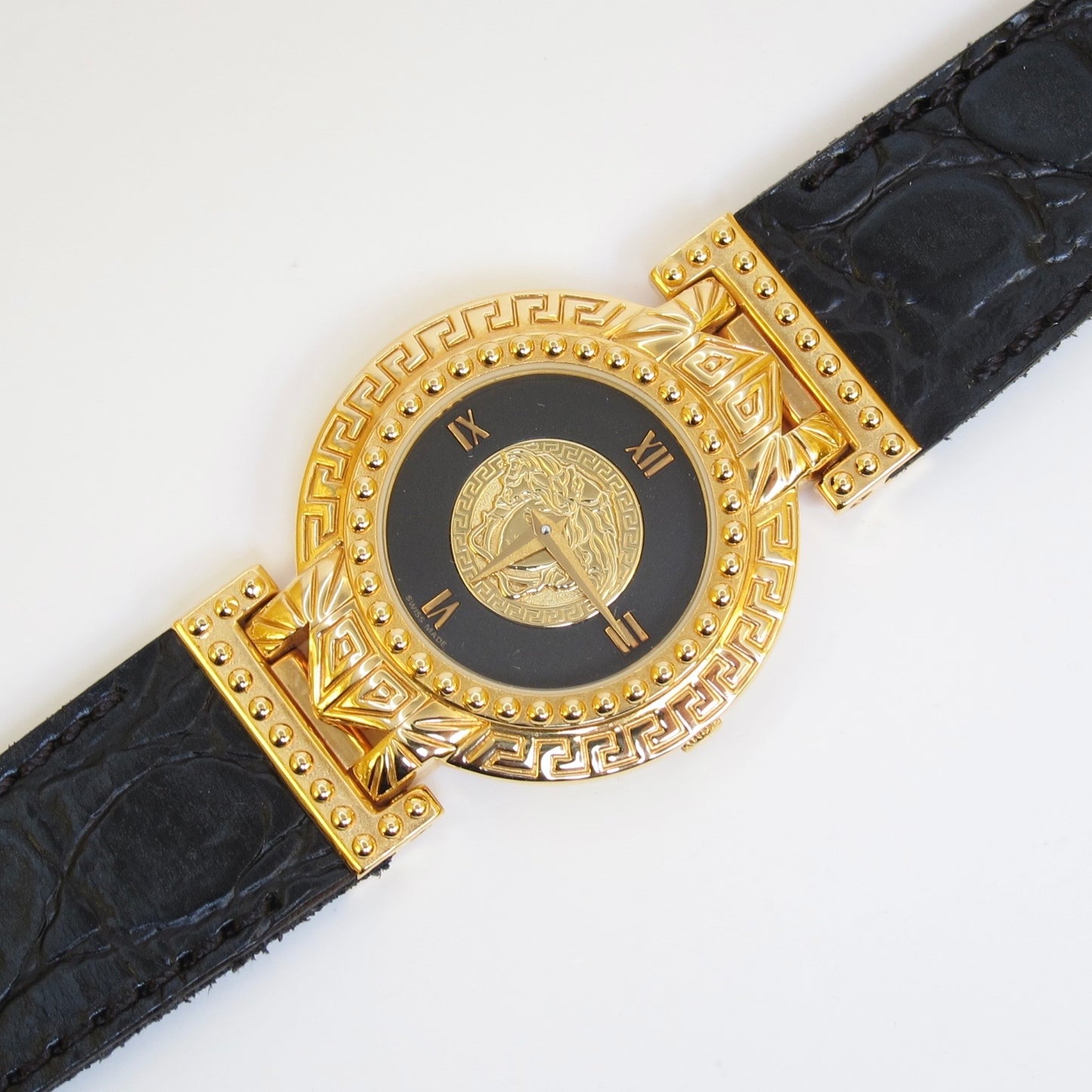 Versace Vintage Round Black Face with Medusa Coin and Leather Strap Golden Watch
