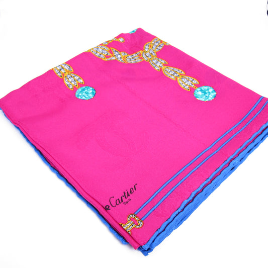 Cartier Vintage Must De Cartier Jewelry Motif Fucshia Pink Silk Scarf