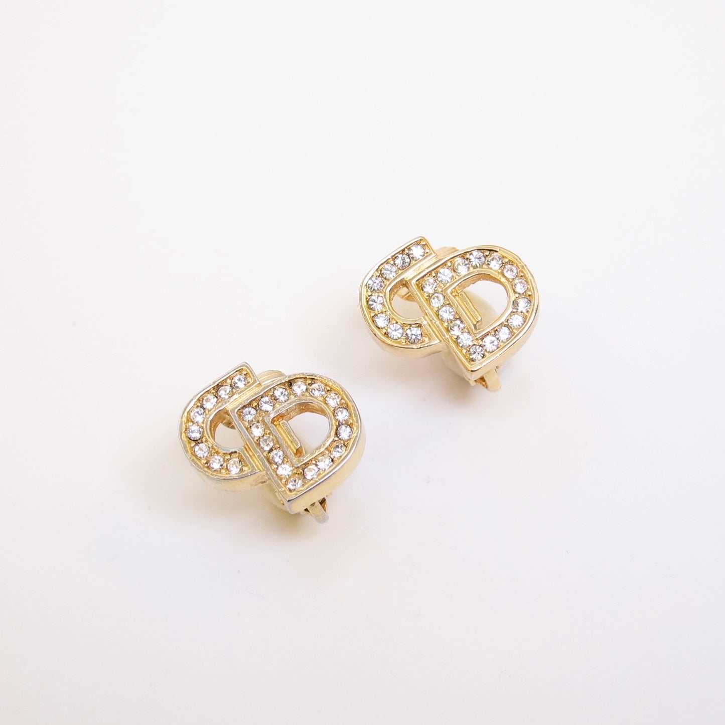 Christian Dior Vintage CD Logo with Rhinestone Golden Clip-on Earrings