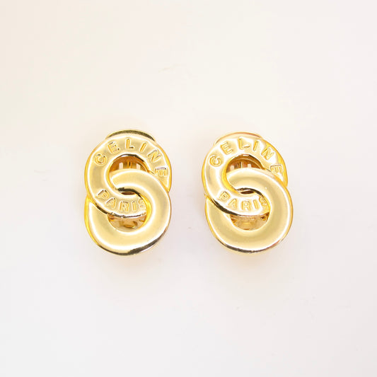 Celine Vintage Celine Logo on Double Circle Golden Clip-on Earrings