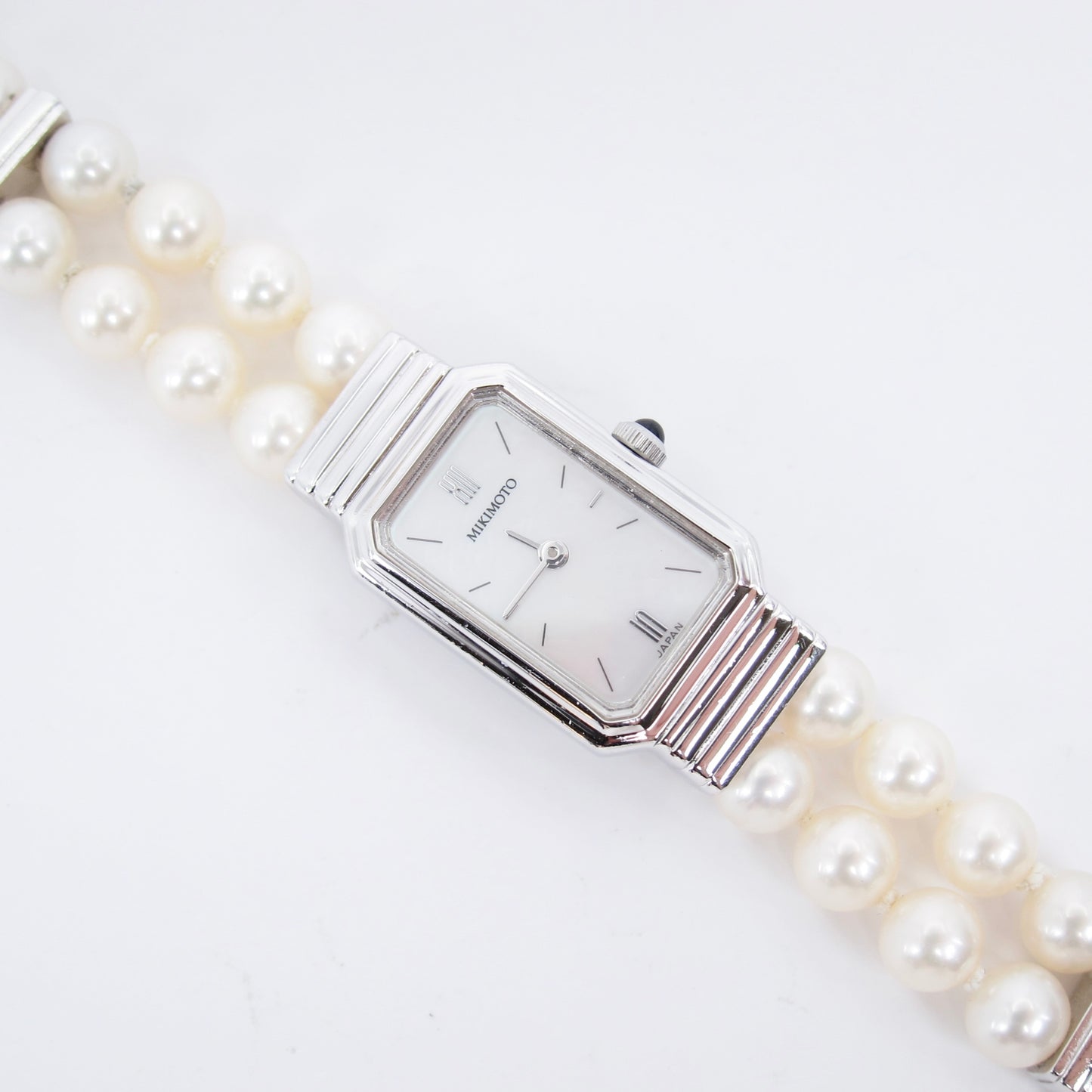 Mikimoto Vintage Rectangle Shell Pearl Face Silver Watch with Pearl Bracelet
