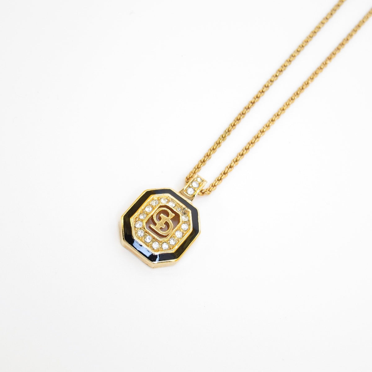 Christian Dior Vintage Octagon Black Enamel Rhinestone CD Logo Gold-Tone Necklace, 43cm
