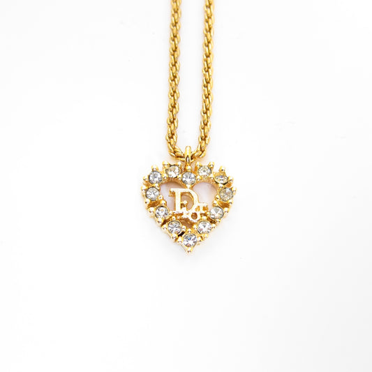 Christian Dior Vintage Dior Logo in Heart Shape with Rhinestone Golden Necklace