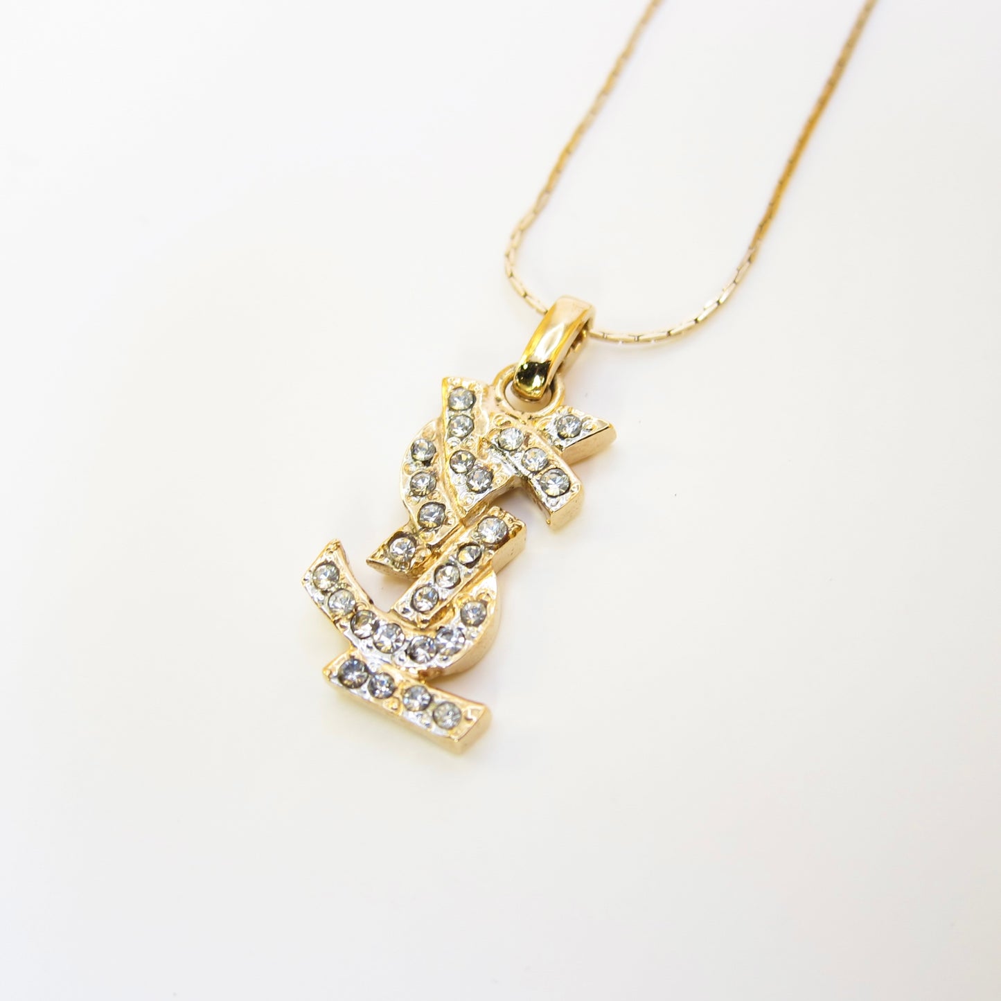 Yves Saint Laurent Vintage YSL Logo with Rhinestone Golden Necklace