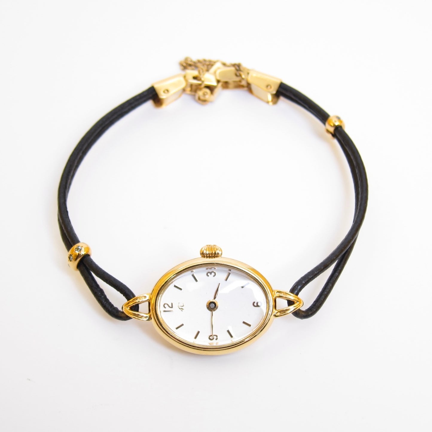 4°C Vintage Oval White Dial Black Leather Cord Bracelet Watch