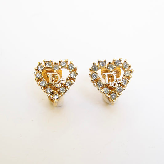 Christian Dior Vintage Dior Logo in Heart with Rhinestone Golden Clip-on Earrings
