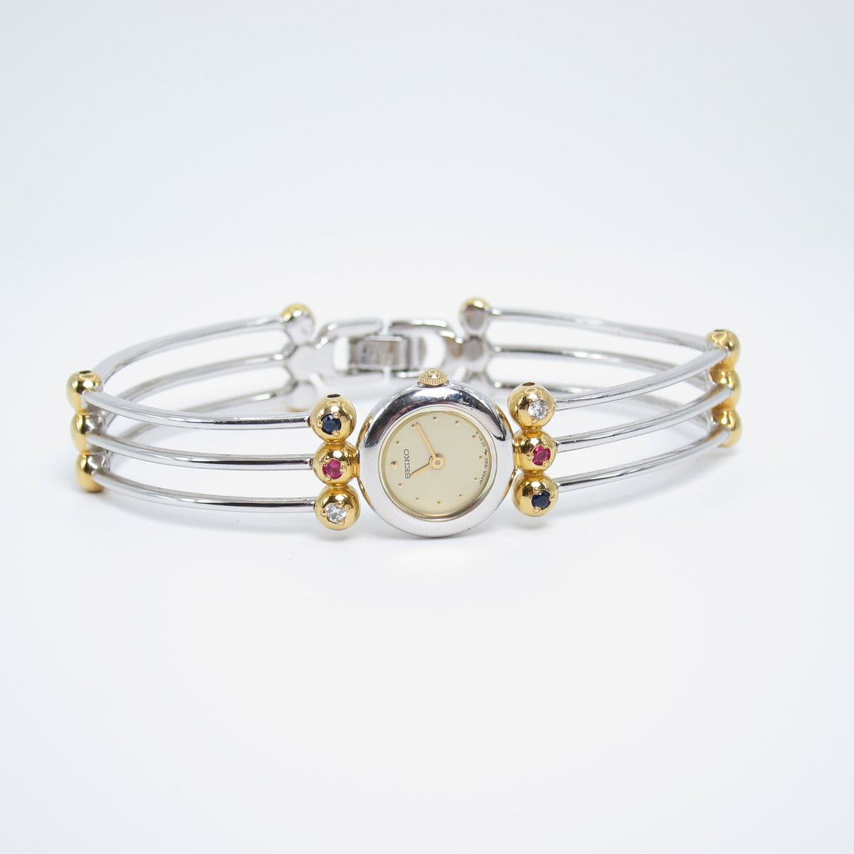 Seiko Vintage Round Face and Multi Gems Accents Tri-Wire Bangle Watch