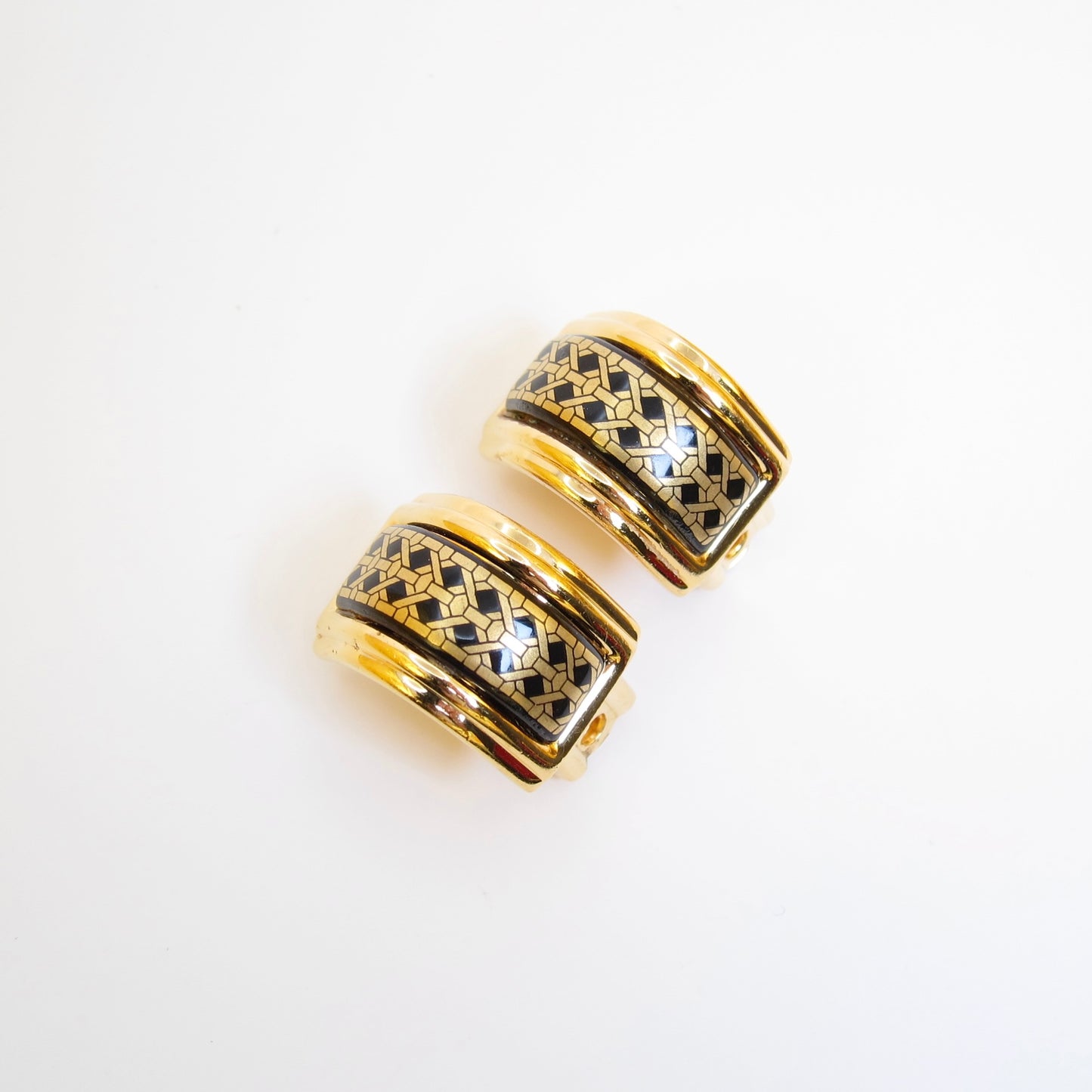 Hermes Vintage Black and Golden Enamelled Clip-on Earrings