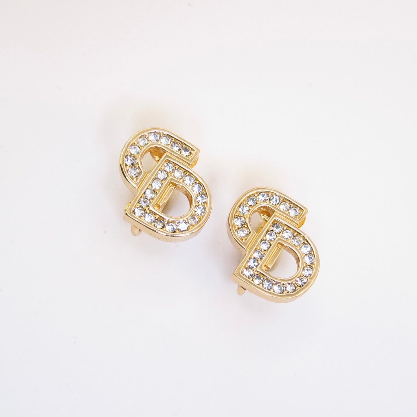 Christian Dior Vintage CD Logo with Rhinestone Golden Clip-on Earrings
