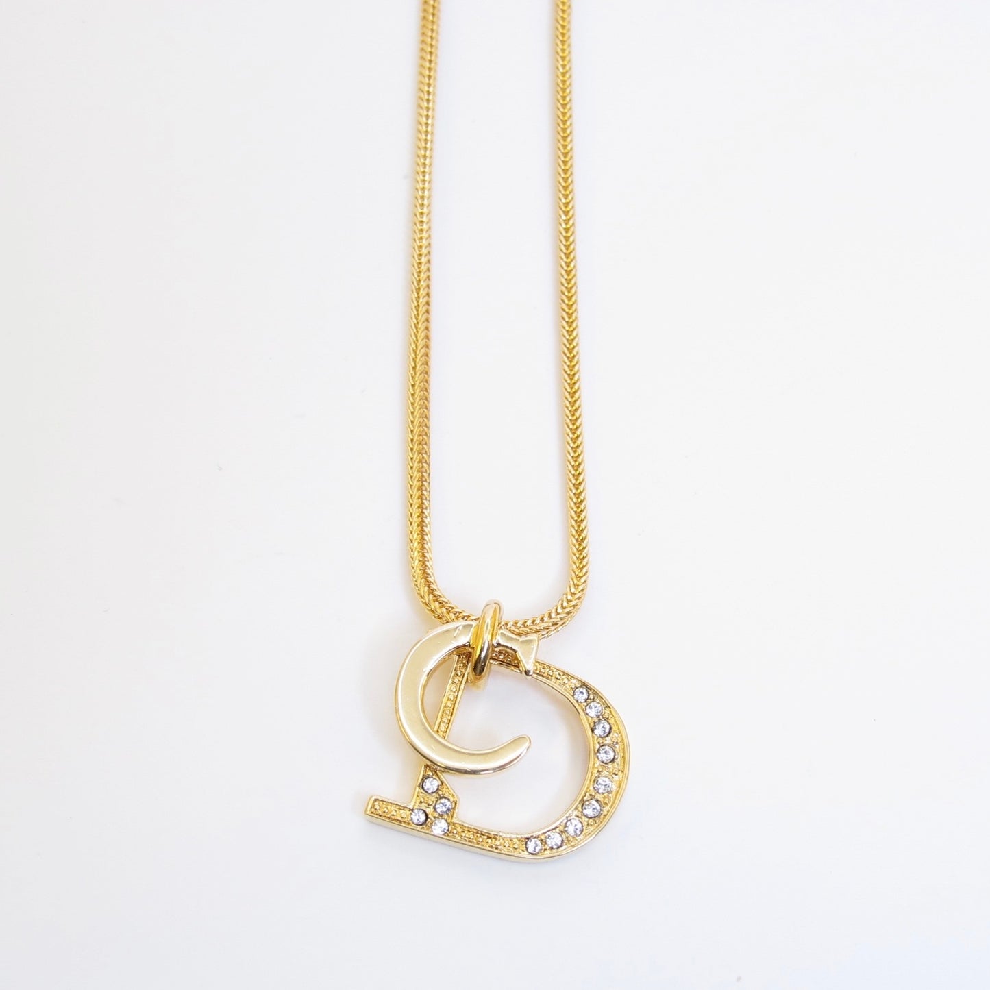 Christian Dior Vintage CD Logo with Rhinestone Golden Necklace