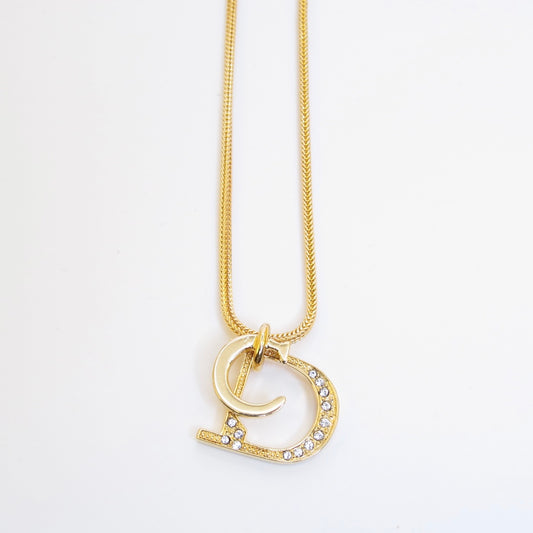 Christian Dior Vintage CD Logo with Rhinestone Golden Necklace