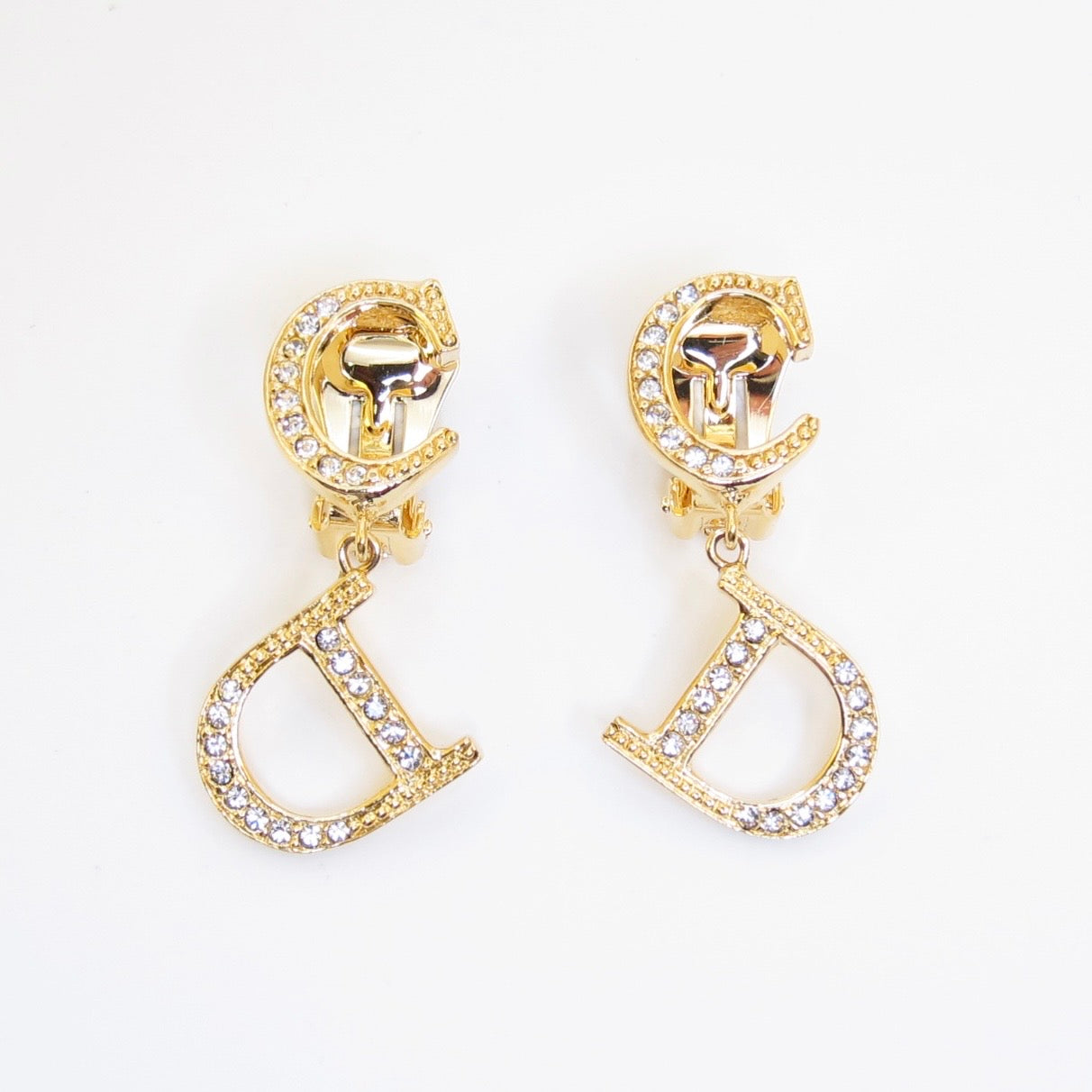 Christian Dior Vintage CD  Logo with Rhinestone Dangle Golden Clip-on Earrings