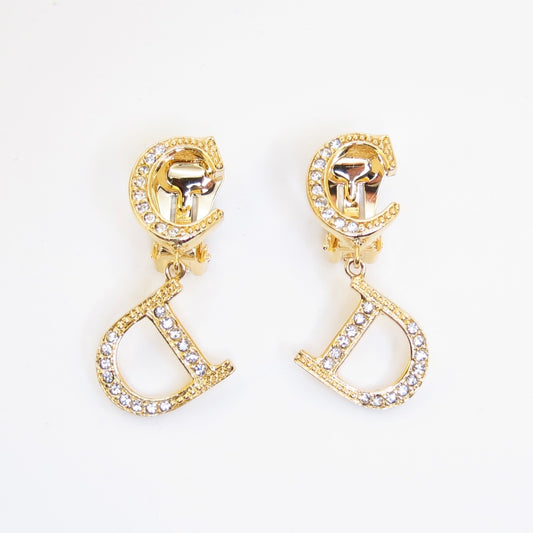 Christian Dior Vintage CD  Logo with Rhinestone Dangle Golden Clip-on Earrings