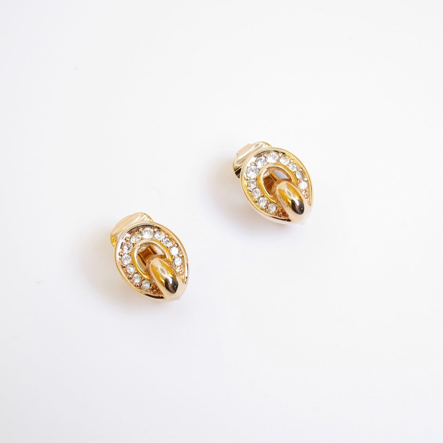 Christian Dior Vintage Oval Shape with Rhinestone Golden Clip-on Earrings