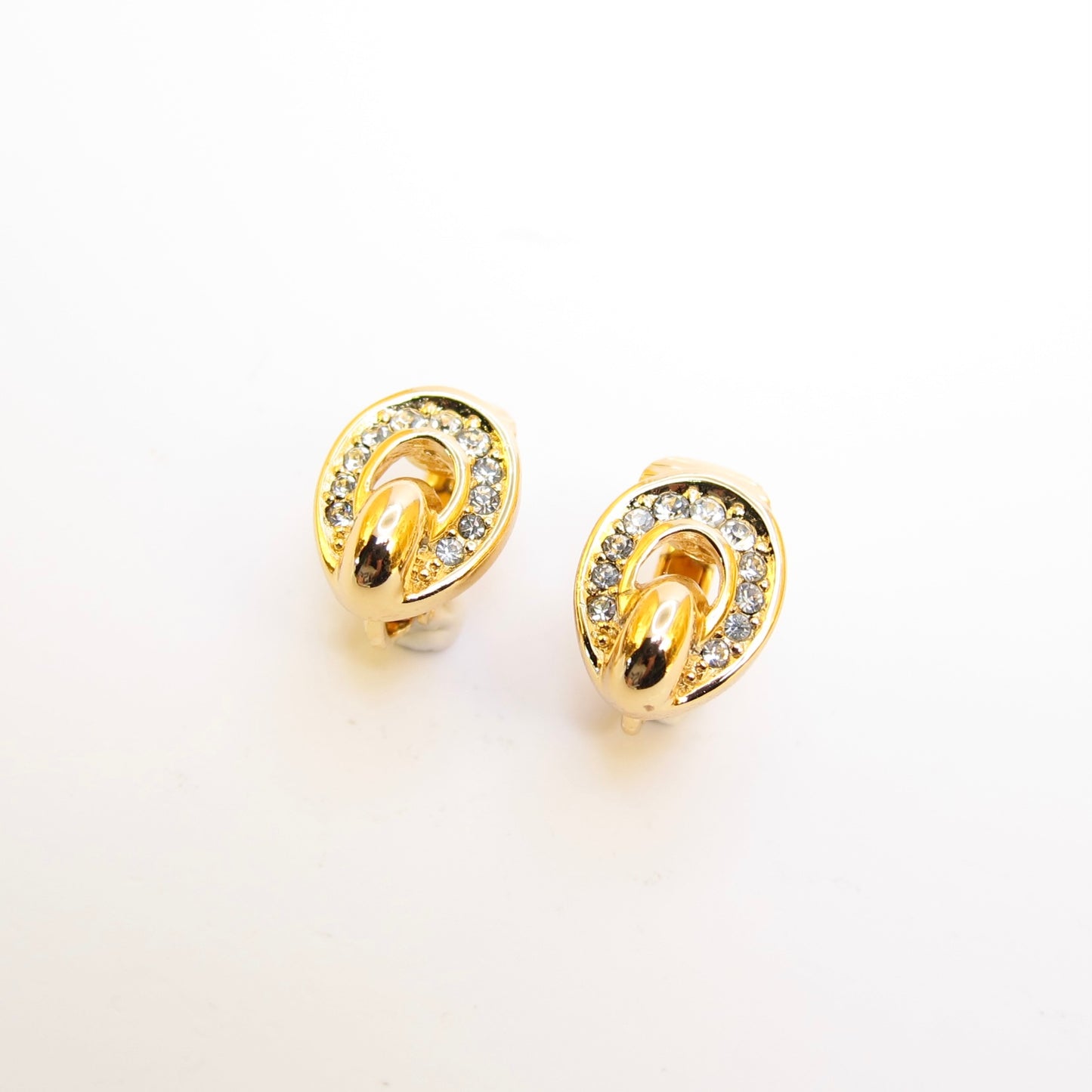 Christian Dior Vintage Oval Shape and Rhinestone Golden Clip-on Earrings