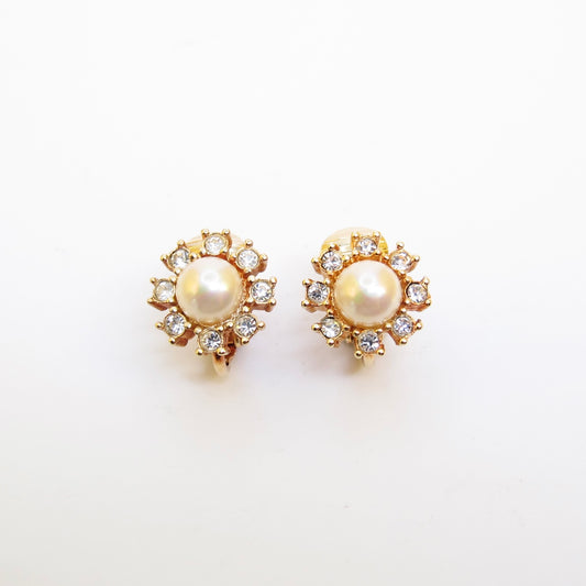Christian Dior Vintage Pearl and Rhinestone Golden Clip-on Earrings