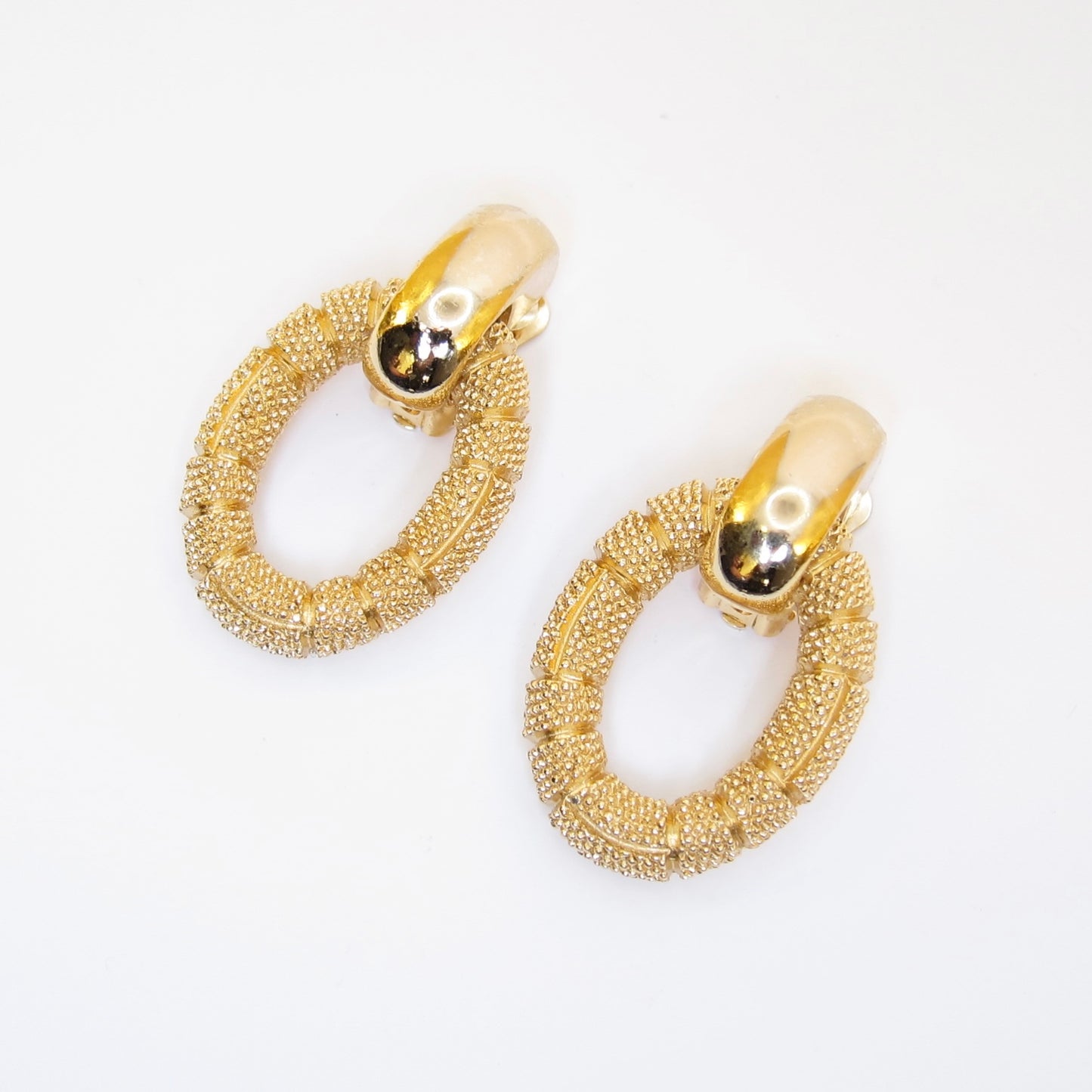 Christian Dior Vintage Textured Oval Door Knocker Golden Clip-on Earrings