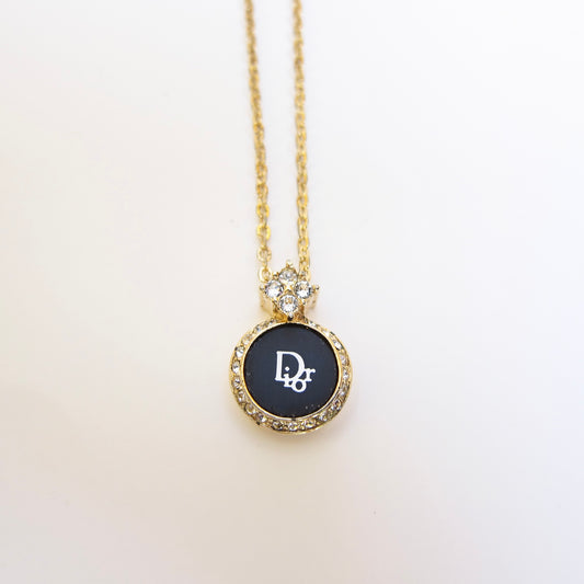 Christian Dior Vintage Dior Logo in Black Circle with Rhinestone Golden Necklace