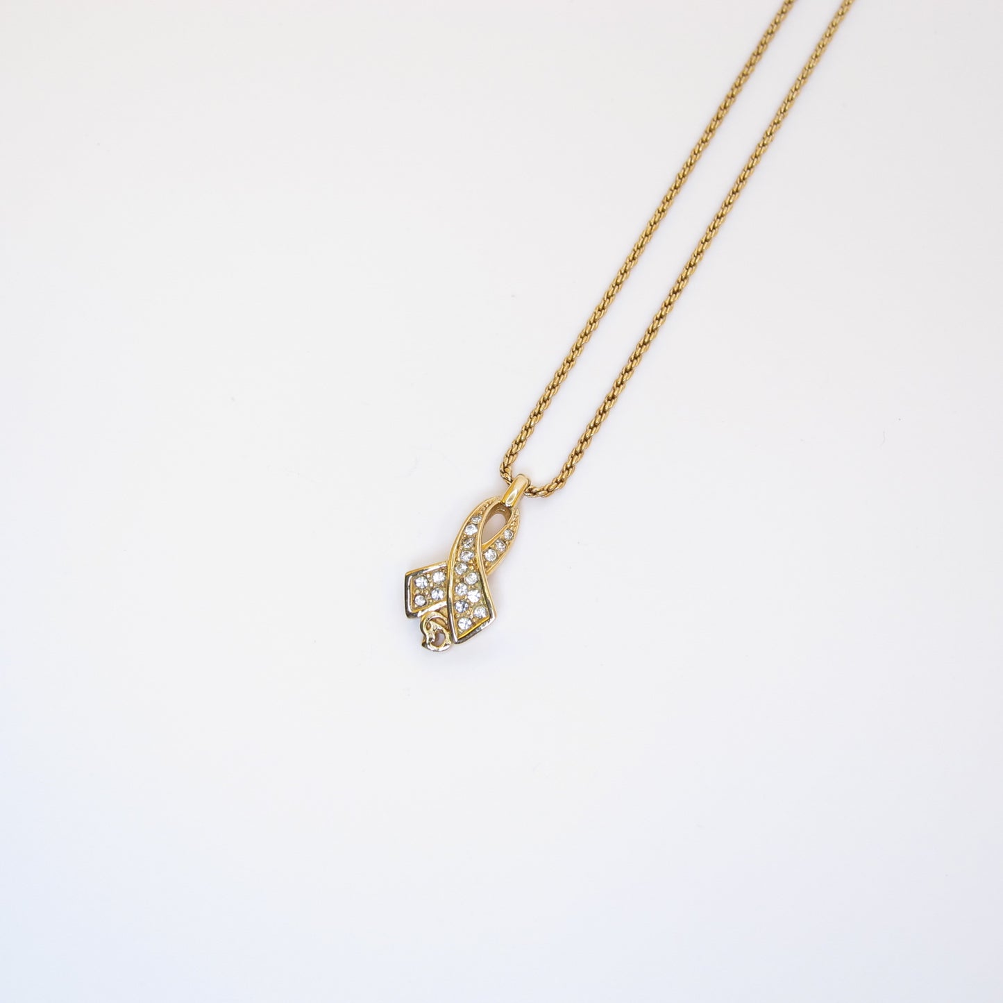 Christian Dior Vintage CD Logo Ribbon with Rhinestone Golden Necklace