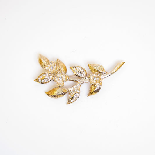 Christian Dior Vintage Flower Motif and Rhinestone Golden Brooch