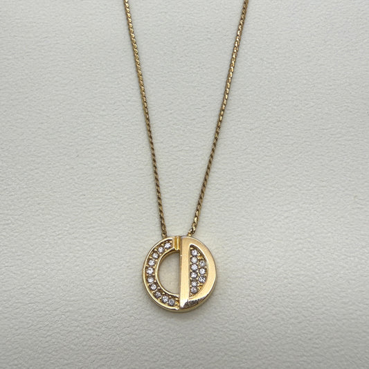 Christian Dior Vintage Round Shape CD Logo with Rhinestone Golden Necklace