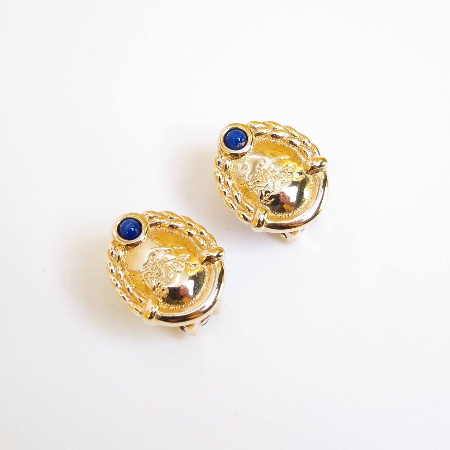 Burberry Vintage Equestrian Knight Logo and Blue Stone Golden Clip-on Earrings