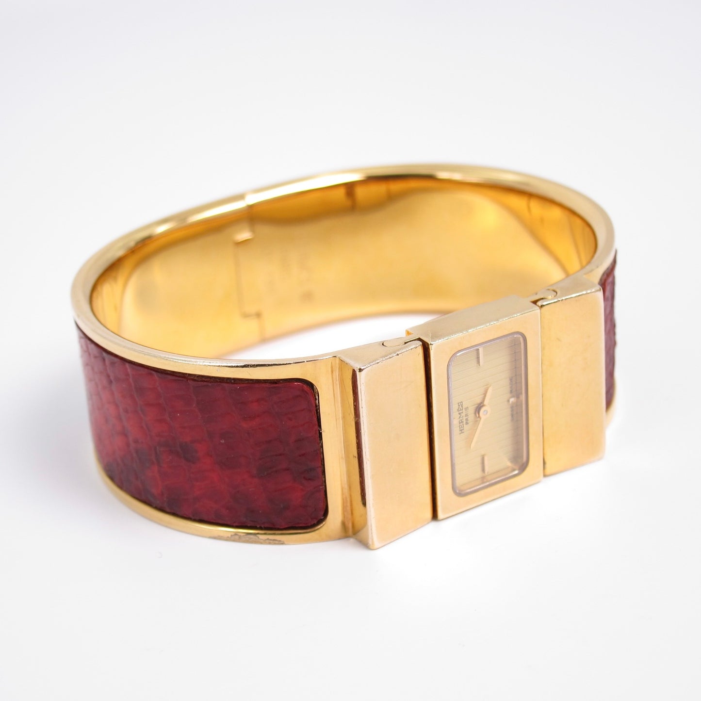 Hermes Vintage Loquet Red Crocodile Leather Golden Bangle Watch