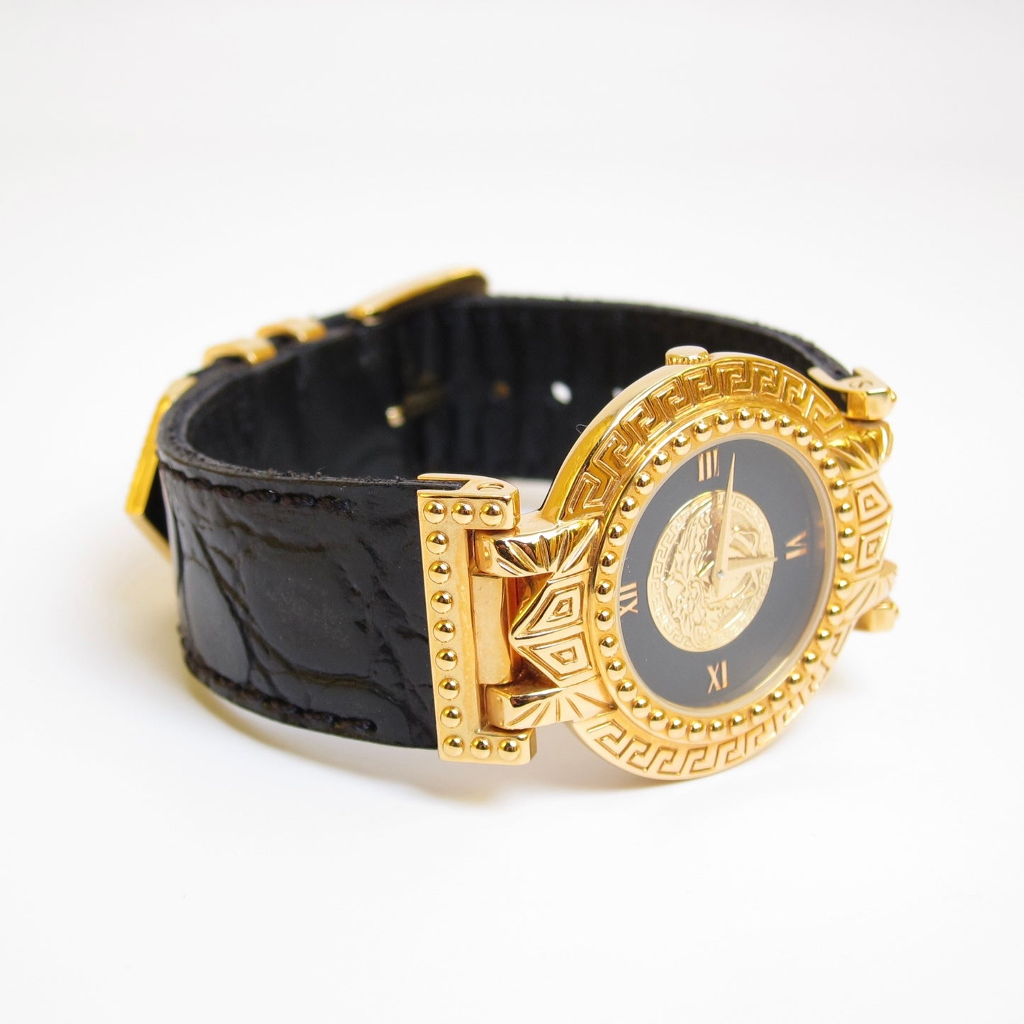 Versace Vintage Round Black Face with Medusa Coin and Leather Strap Golden Watch