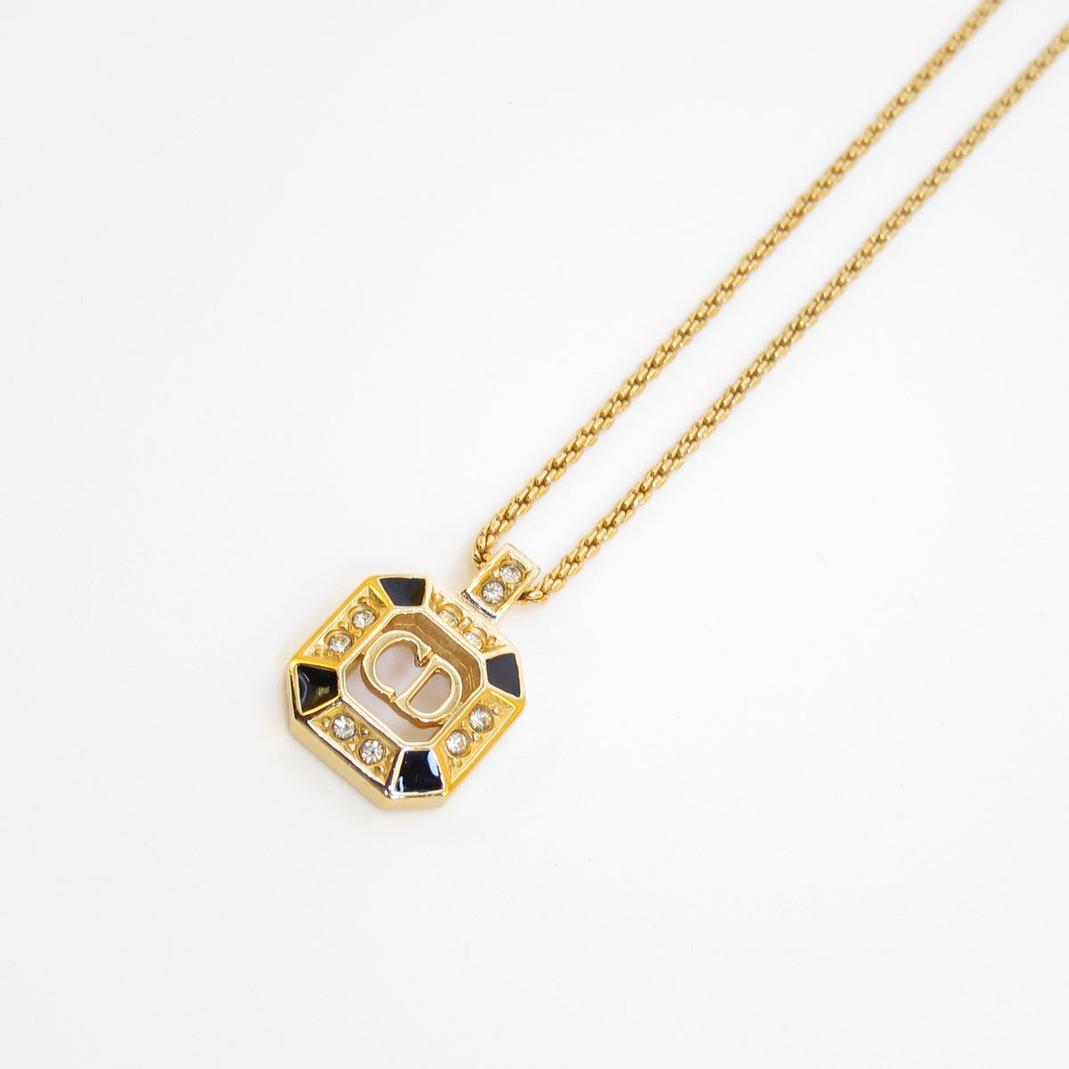 Christian Dior Vintage Octagon Black Enamel CD Logo Gold-Tone Necklace