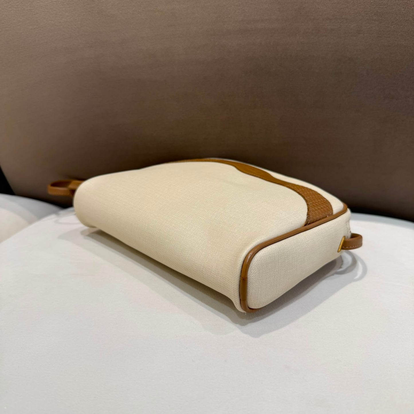 Christian Dior Vintage Ivory Canvas Tan Leather Shoulder Bag