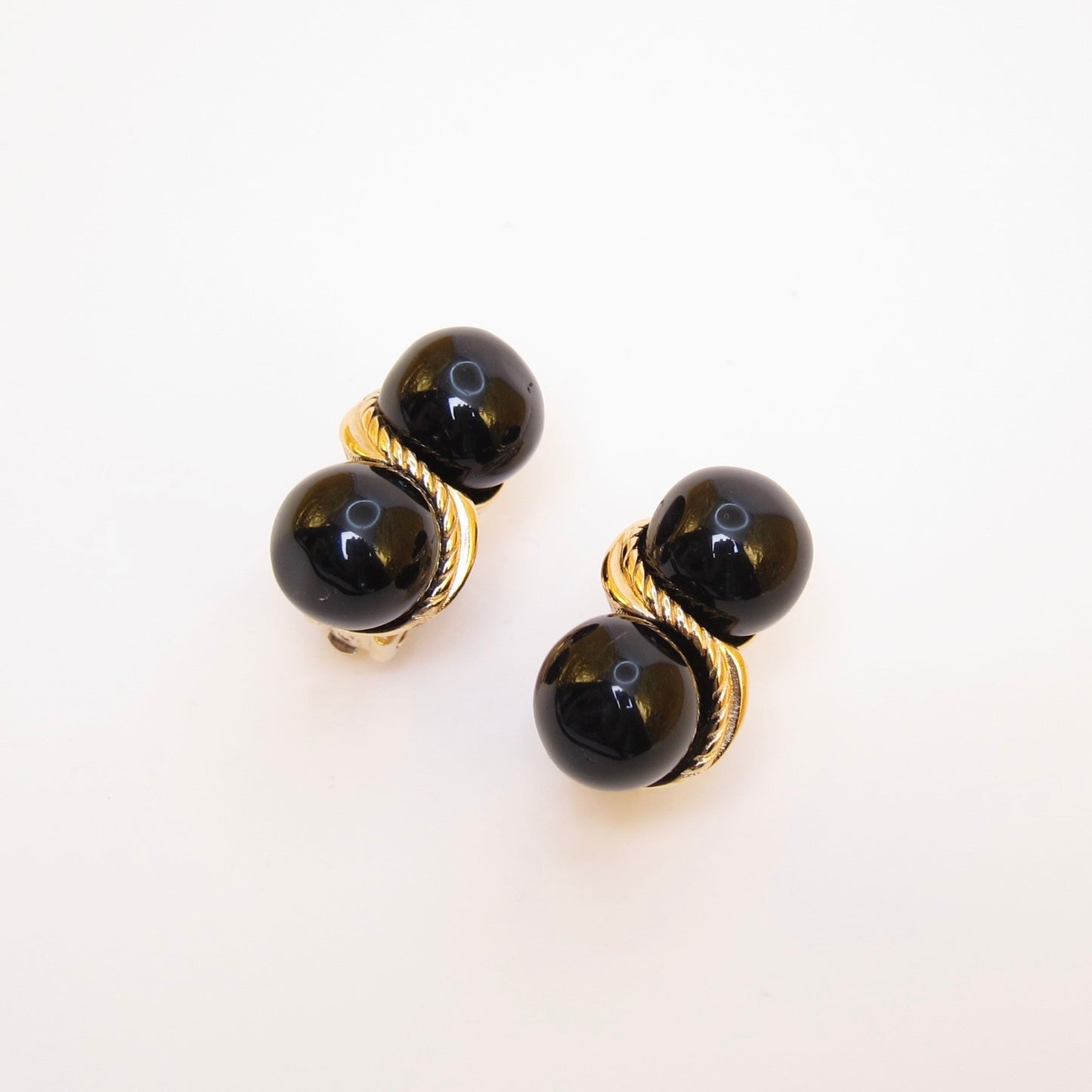 Givenchy Vintage Twisted Rope Double Black Sphere Golden Clip-on Earrings