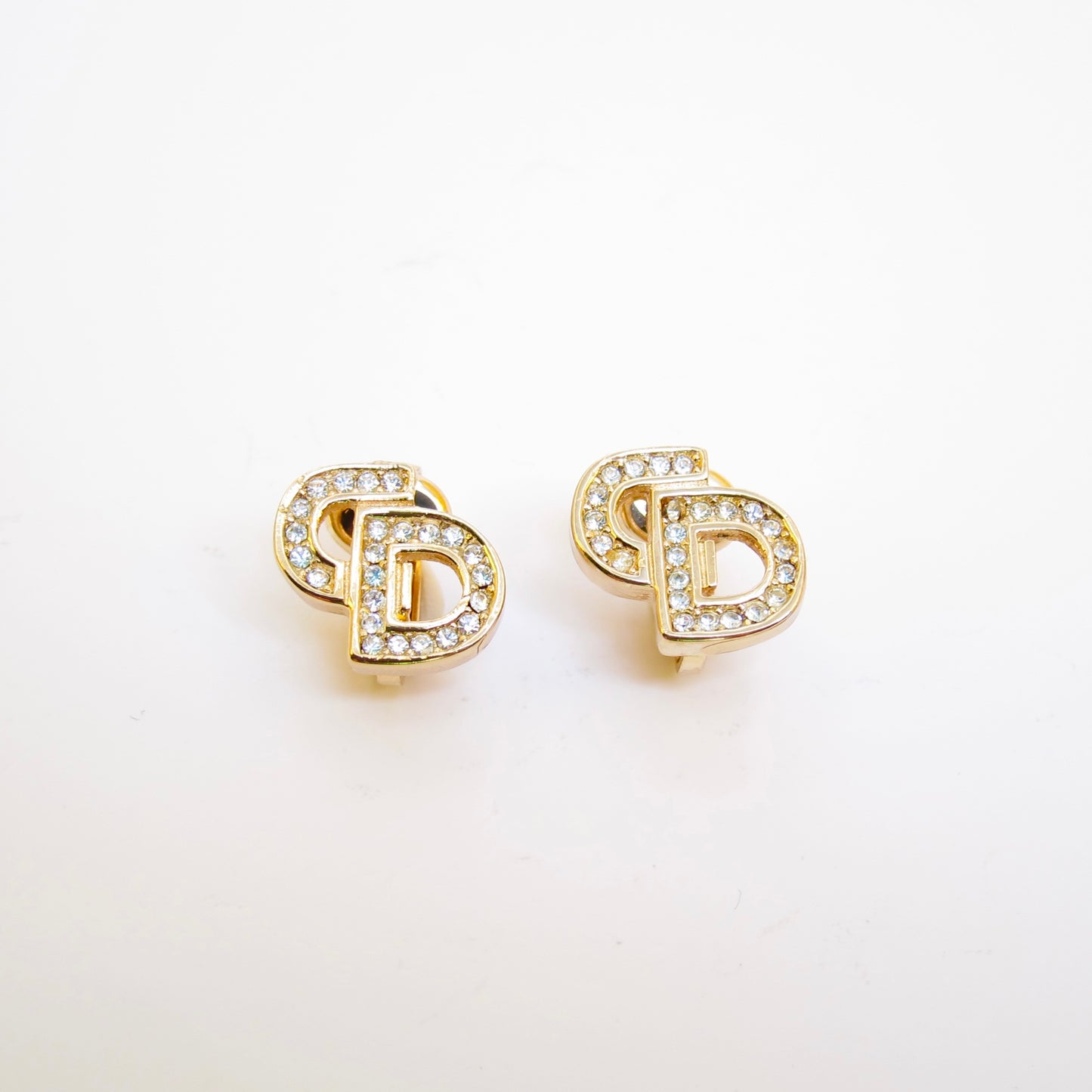 Christian Dior Vintage CD Logo with Rhinestone Golden Clip-on Earrings